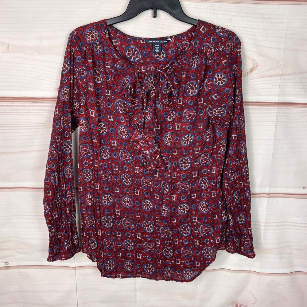American Living Top Women M Red Geometric Blouse Ruffle Pullover Tie Neck Cotton